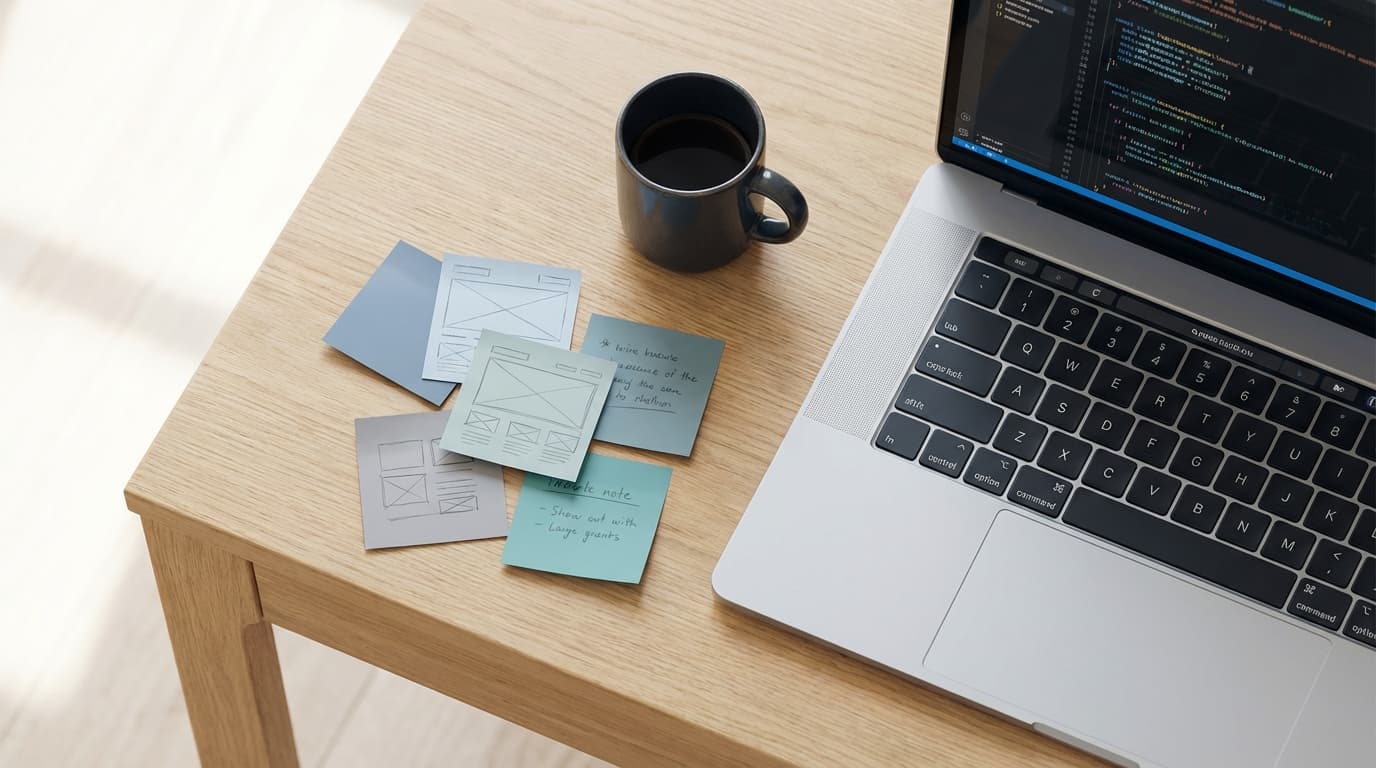 Wireframes, notater og kode på arbeidsbordet
